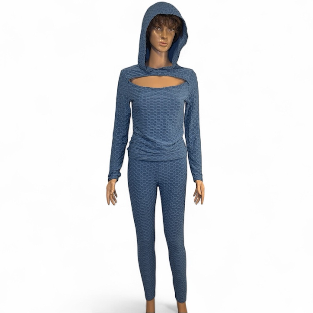 Love University Athleisure 2 Piece Set Hoodie Leggings Textured Blue Medium
